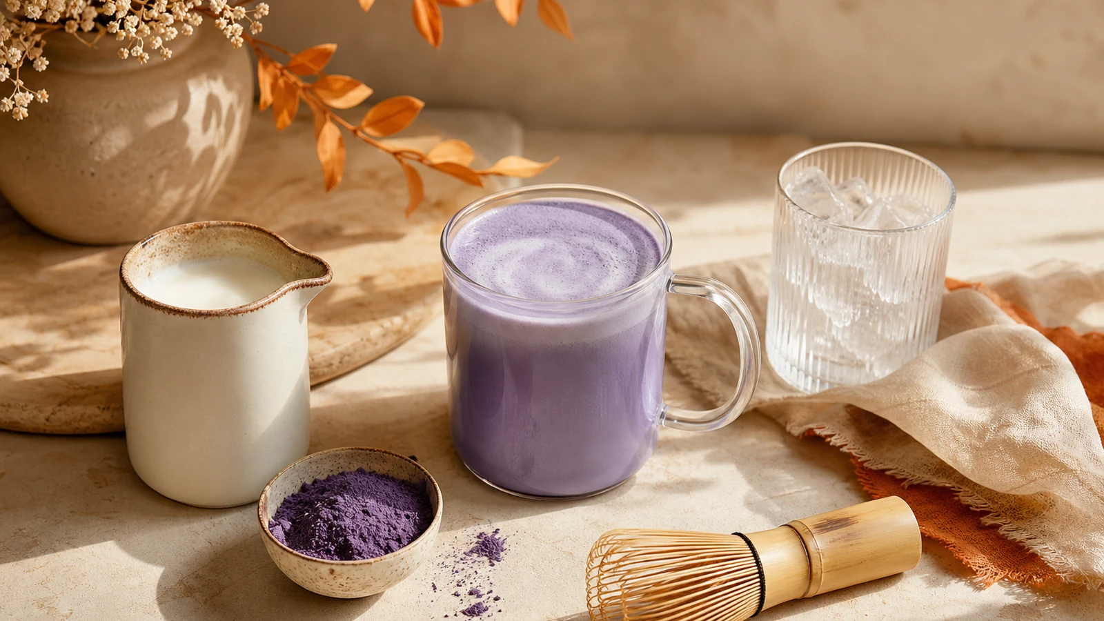 Ingrédients pour préparer un ube latte maison